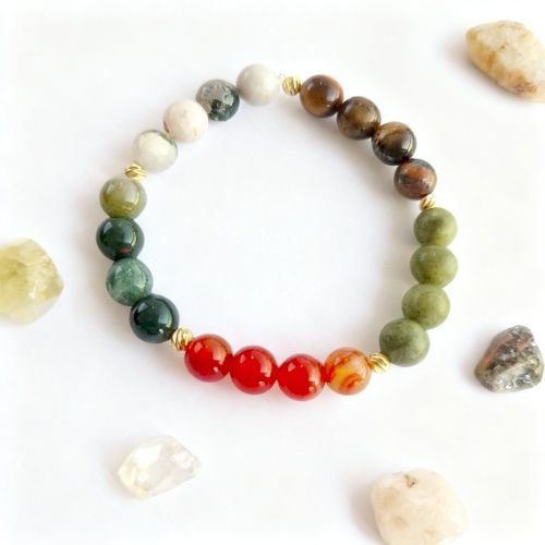 Beş Taş Doğal Taş Bileklik - Kırmızı Akik, Kaplangözü, Ay Taşı, Yeşim, Yosunlu Akik