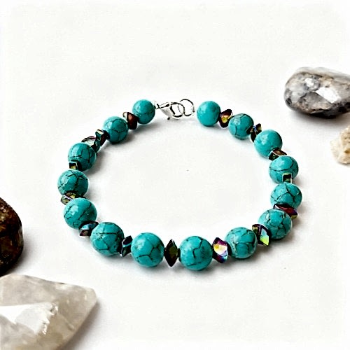 Firuze ve Hematit Doğal Taş Bileklik - Koruyucu Enerji ve Topraklama Gücü