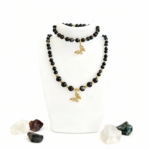 Kelebekli Siyah Akik Doğal Taş Takı Seti - Dönüşüm ve Koruma Enerjisi