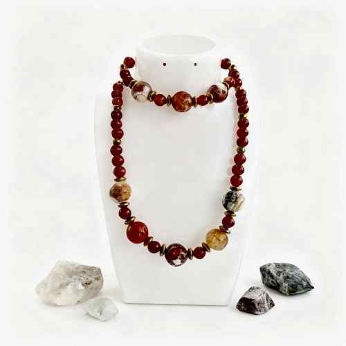 Kırmızı Akik ve Hematit Doğal Taş Takı Seti - Güç Cesaret ve Topraklama Enerjisi